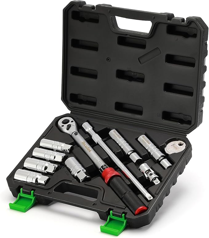 11Pcs 3/8" Drive Spark Plug Socket Set with Click Torque Wrench, Spark Plug Gapper, Universal Joint, Extension Bar, 9/16", 5/8", 3/4", 13/16", 14, 16 and 18mm, CR-V Sockets with Rubber Rings