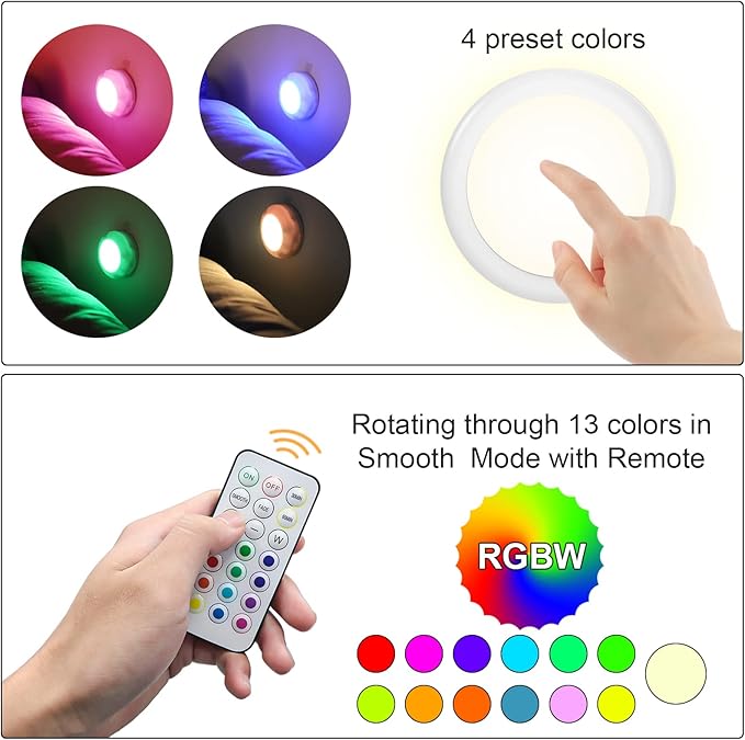 Battery Operated LED Puck Lights with Remote RGB 13 Color Changing Wireless Stick On Closet Push Lights Under Cabinet Lighting with Dimmable & Timing Function for Xmas Decor