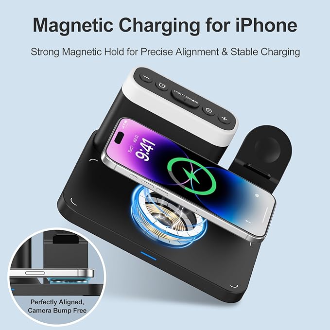 ANJANK Wireless Charging Station,5 in 1 Multiple Charger Stand with Alarm Clock,7 Night Light,Mag-Safe Charging Dock for iPhone 17 16 15 14 13 12 Pro Max Plus,Apple Watch 11/10/9/8,for Airpods,Bedroom