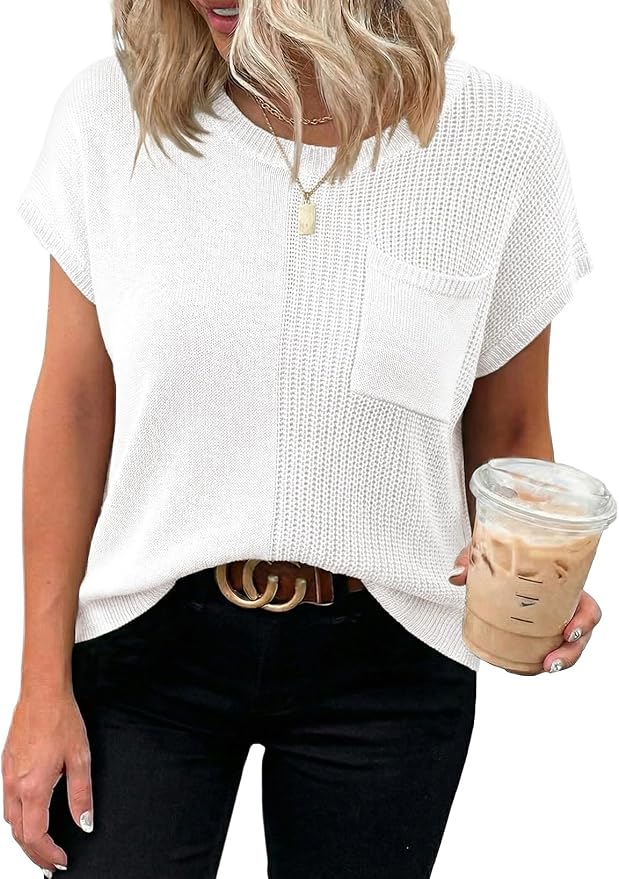 Dokotoo Summer Knit Tops for Women Sleeveless Crewneck T Shirts Casual Lightweight Sweater Blouses Shirts