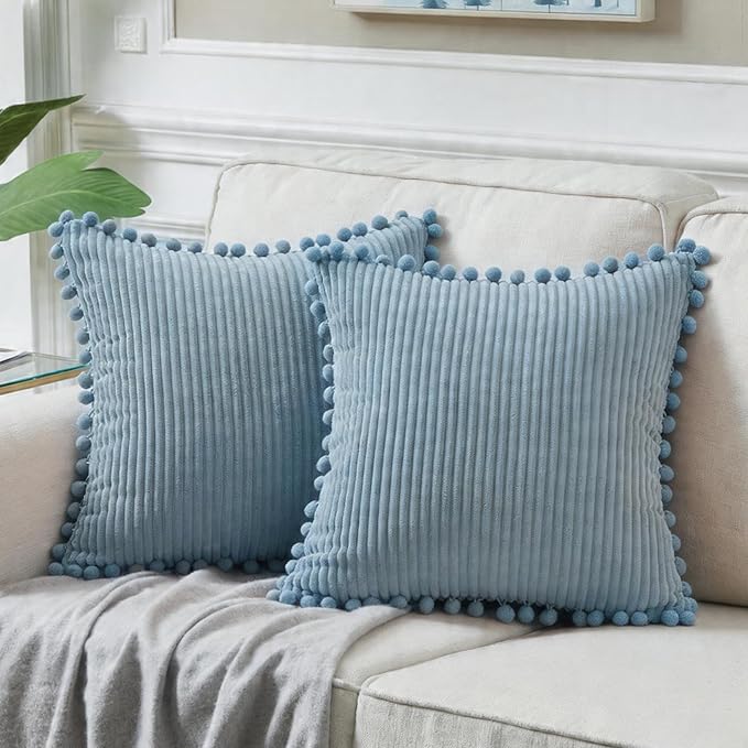 Fancy Homi Set of 2 Light Blue Decorative Throw Pillow Covers 22x22 Inch with Pom-poms, Soft Corduroy Solid Square Baby Blue Cushion Case for Couch Sofa Bedroom Car Living Room 55x55 cm