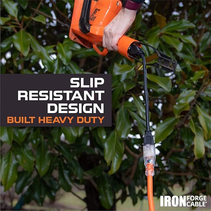 Iron Forge Cable Weatherproof 10 Ft Outdoor Extension Cord - 14/3 SJTW 15 Amp Heavy Duty Orange Extension Cord 3 Prong - Lighted End