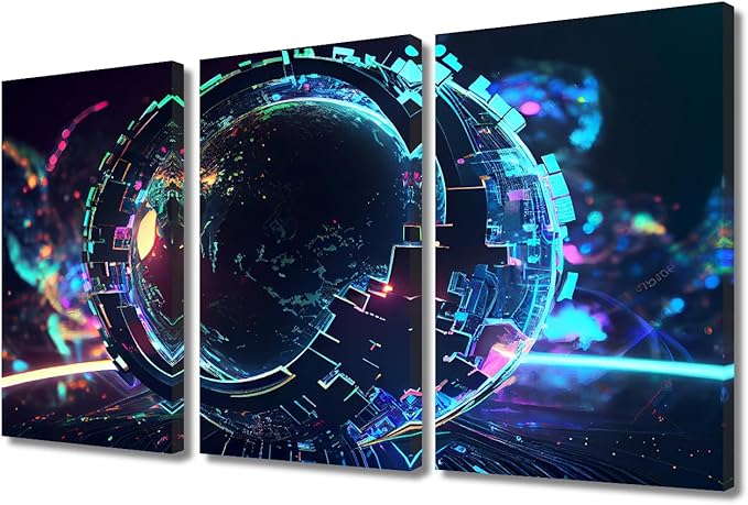 TUMOVO 3 Panel Digital World Wall Art Future Energy Power Technology and Internet Connection Concept Pictures Print on Canvas for Home Wall Decoration, Framed Ready to Hang, 36" Wx24 H