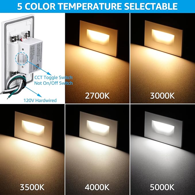 LEONLITE White 5CCT 120V LED Step Lights, 3.5W 150LM 5%-100% Dimmable Horizontal Stair Lights Indoor Outdoor Wet Location, CRI90+ & ETL, 2700K/3000K/3500K/4000K/5000K, Aluminum, Pack of 3