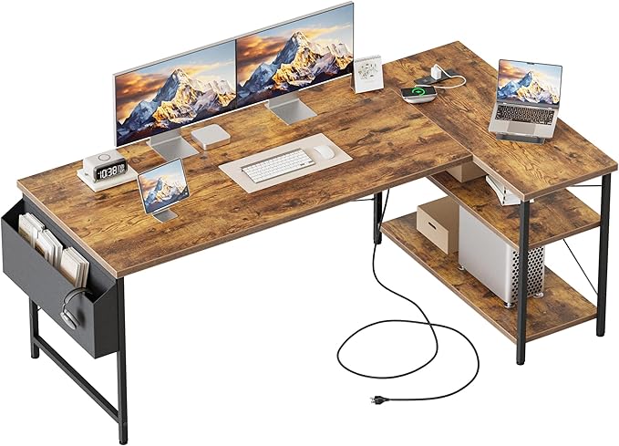 Mericonia 55 inch L Shaped Gaming Desk, Large Corner Desk with Shelves | Reversible Computer Desk with Power Outlets & Storage Bag, Office Table for Home Bedroom Study Work Writing