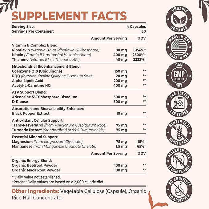 2326 MG Mitochondrial Supplements with ATP, Vitamins, CoQ10 & PQQ, More Effective Than Creatine HMB & Nitric Oxide, Energy, Endurance, Strength, Recovery & Muscle, Organic, 480 Capsules