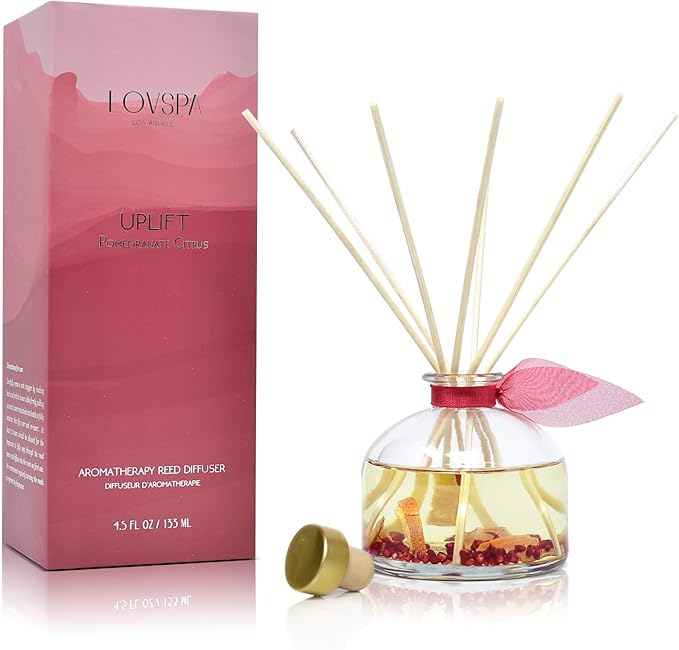 LOVSPA Reed Diffuser Set, Uplift Pomegranate Citrus Scented Oil Diffuser with Sticks, Home Fragrance Accessories for Bathroom Shelf Decor, Aroma Diffusers for Home or Office Desk, USA Made