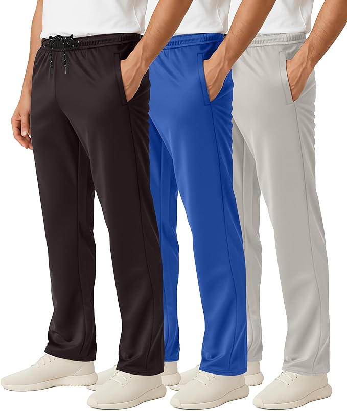 3 Pack Men's Mesh Open Bottom Sweatpants Active Athletic Workout Gym Pocket | Available in Big & Tall, Uncuffed, Elastic Waistband, Drawstring, Straight Leg, Running, Jogging, Exercise, Training, Sports