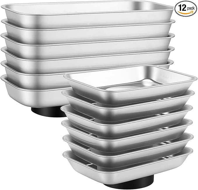 JEUIHAU 12 Packs Magnetic Tray, Stainless Steel Magnetic Parts Tray, Silver Magnetic Tool Tray for Collecting Wrenches, Screws, Bolts, Nuts, Small Parts, 3.6 x 2.4/5.9 x 2.5 Inches