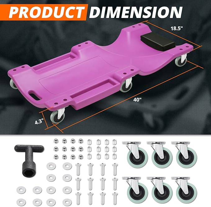 DNA MOTORING 40" L X 19" W Vehicle Repair Low Profile Plastic Rolling Garage Shop Creeper with Padded Headrest,Tool Trays & 6pcs Casters, Purple, TOOLS-00217-PR