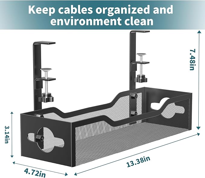 Litwaro Under Desk Cable Management Tray 2 Pack, No Drill, Organizer with Clamp Easy to Install for Standing Cord Organizer, Wire Damage Desk, Black, 13.38''-2 pack
