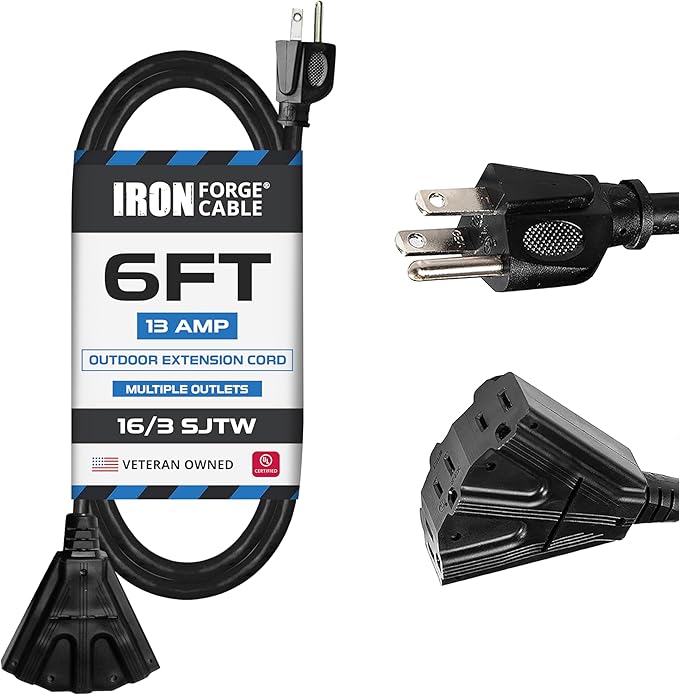 Iron Forge Cable 6 Ft Black Extension Cord with 3 Outlets - 16/3 SJTW 6 Foot Extension Cord 3 Prong, Weatherproof Exterior Power Cable for Outdoor