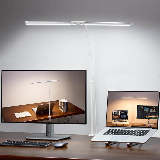 Voncerus LED Desk Lamp for Home Office, Double Head Desk Light with Clamp | 3 Modes 10 Brightness, Long Flexible Goose-Neck, Eye-Caring, Memory Function, Energy Efficient, USB Adapter, Metal, White