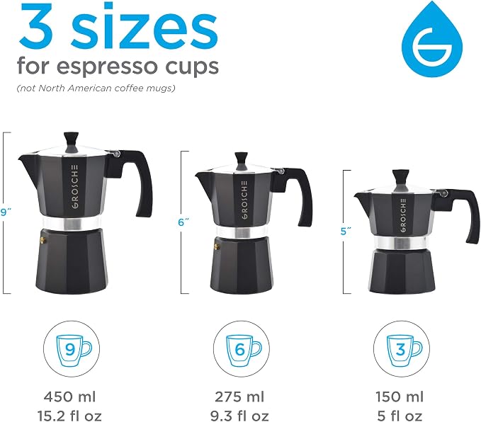 GROSCHE Milano Stovetop Espresso Maker Moka Pot 9 espresso Cup 15.2oz Black | Cuban Coffee Maker And Italian Moka Pot For Stovetop Espresso; For Gas, Electric, And Propane Stoves With A Soft-Touch Handle