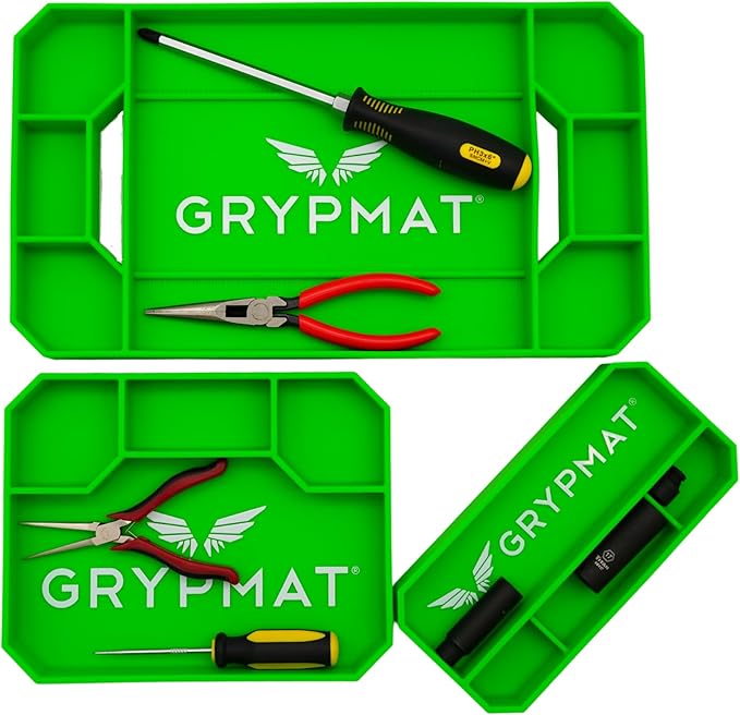 Grypmat Plus Grip Mat for Mechanics - Non-Slip Flexible Silicone Tool Tray - Tool Organizer for Tool Box - Magnetic-Free, Easy-to-Clean Tool Mat - TRIO Small, Medium & Large, Green
