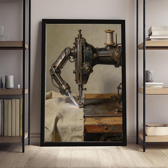 Framed Steampunk Mechanical Sewing Machine Wall Art - Retro Industrial Workshop Poster for Home Office Studio Decor 24x36in