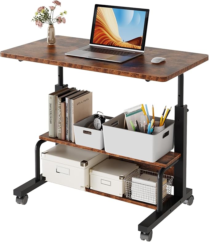 DUMOS Rolling Desk, Storage Shelves, Laptop Table, Home Office | Height Adjustable Design, Computer Desks on Wheels, Portable for Small Spaces Use, Rustic Brown