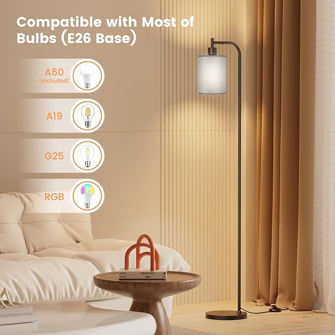Floor Lamp with Linen Shade, Dimmable Tall Standing Lamp with Remote Control & 3 Color Temperatures, Modern Floor Lamps for Living Room Bedroom Office Corner, 9W LED Bulb Included