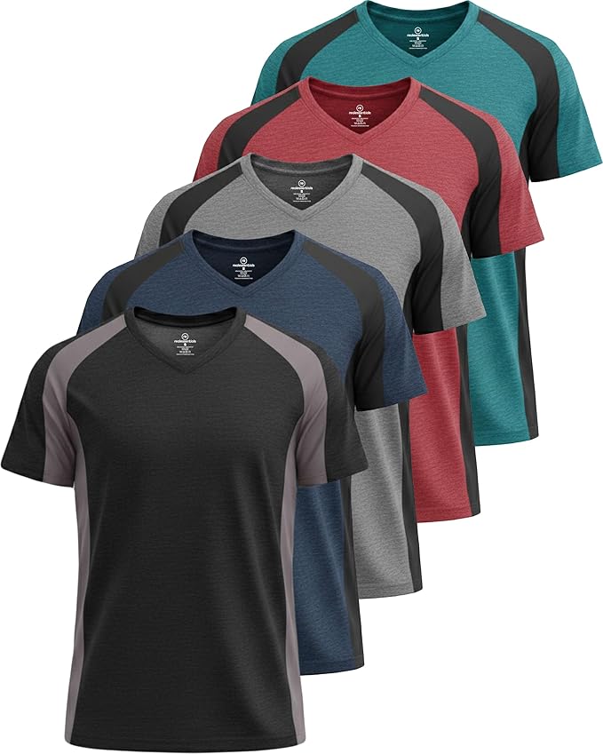 5 Pack Men's Dry Fit V Neck Gym Workout T Shirts Athletic Moisture Wicking | Cooling, Quick Dry, Breathable, Short Sleeve, Exercise, Cycling, Sports, Outdoor, Fitness, Golf, Crossfit, Hiking, Tennis