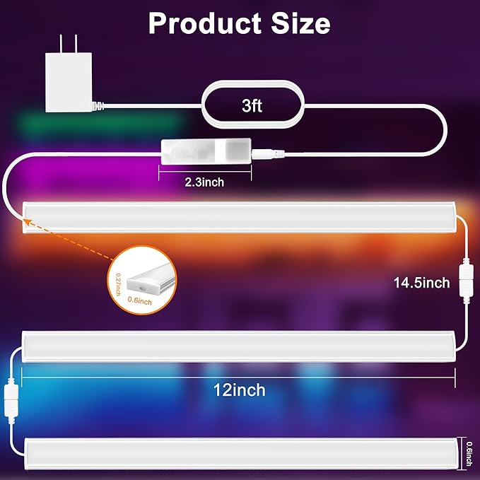 maylit Smart Under Cabinet Lights Plug in, 3 Pcs 12 Inch Ultra Thin Under Cabinet Lighting, Multicolor Under Counter Lights for Kitchen, Dimmable Mood Light for Cabinet, Counter, Workbench