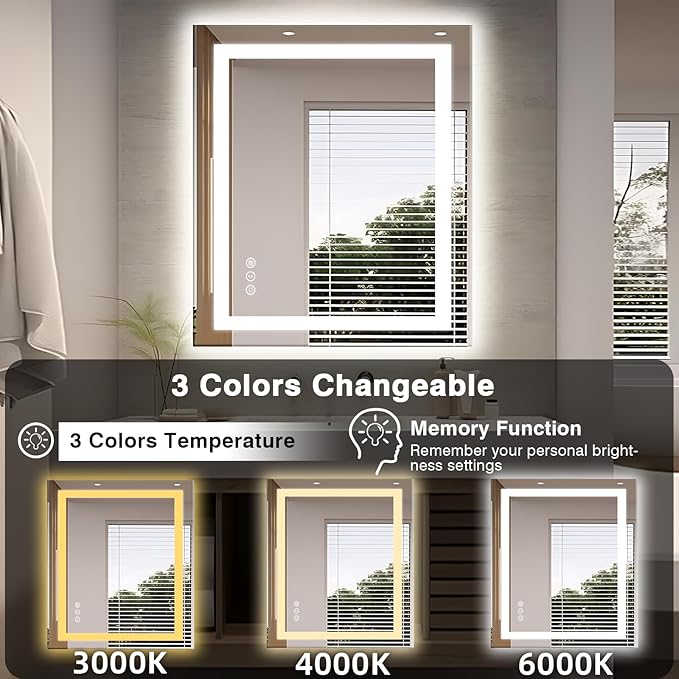 32"x36" LED Bathroom Mirror, Front and Backlit Mirror, Anti-Fog Vanity Mirror with Lights, Stepless Dimmable Illuminated, 3 Colors Smart Mirror (Horizontal/Vertical)