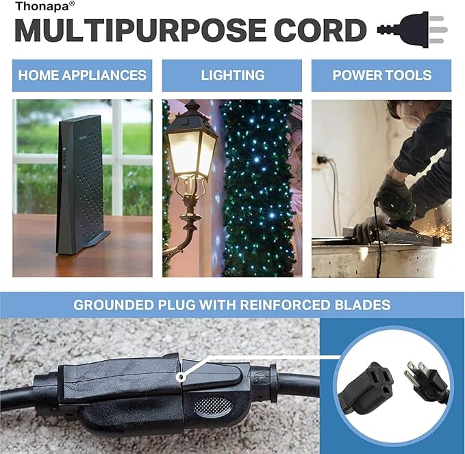 Thonapa 13 Amp Outdoor Extension Cord 15 ft, 2 Pack, 16/3 SJTW 15 Foot Black Extension Cord 3 Prong Multi Pack, Weatherproof ExteriorPower Cable for Outdoor Lights, Landscaping, Lawn, UL Certified