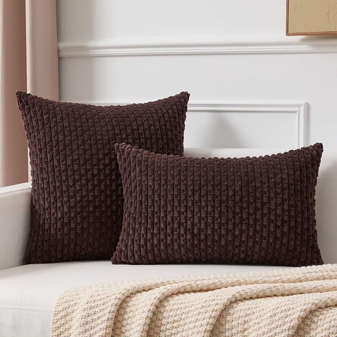 Kevin Textile Soft Corduroy 14"x22" Lumbar Pillow Cover 1 Pack, Coffee | Boho Stripe Plush Corduroy Decorative Oblong Cushion Cover Modern Farmhouse Home Decor for Sofa Couch Bed Chair