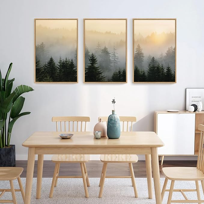 FWIEXA Misty Forest Wall Art Set Framed, Large Mountains Canvas Wall Decor, Green Nature Wall Painting, Foggy Tree Landscape Artwork 3 Panel 24x36 Inches for Living Room, Bedroom, Office, Gift