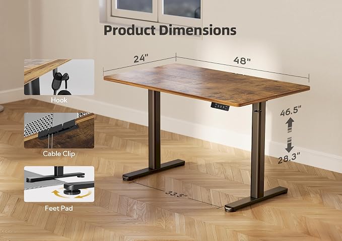 YDN 48 x 24 Inch Rustic Brown Electric Standing Desk | Adjustable Height, Sit Stand, Cable Management, Ergonomic, Home Office