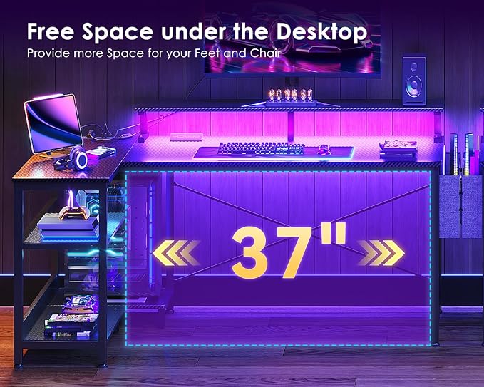 ODK 48 Inch L Shaped Gaming Desk with LED Lights, Power Outlets, Black | Adjustable Monitor Stand, Open Storage Shelves, Hanging Side Bag, PC Tower Stand, Reversible Layout for Gaming