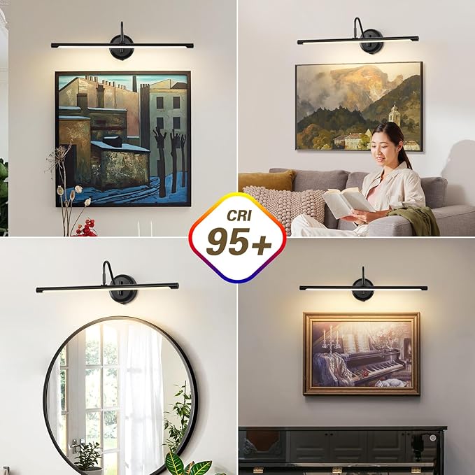 JOOSENLUX Battery Operated Picture Lights Modern Wireless Wall Lights 24.4" Inch Dimmable Under Counter Lights for Kitchen with Swing Arm as Canvas Wall Sconce Light Black 3000K CRI95+