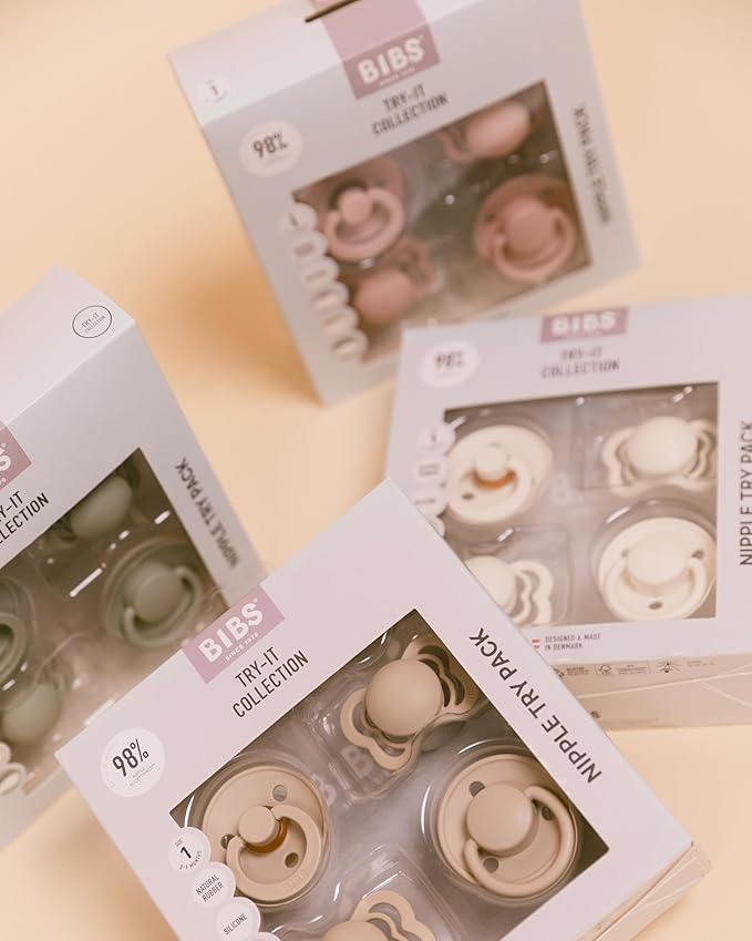 BIBS Try-It Collection | 4-Pack Soothers | BPA-Free Round, Anatomical & Symmetrical Nipple | Natural Rubber Latex/Silicone | Made in Denmark | 0-6 Months | Blush