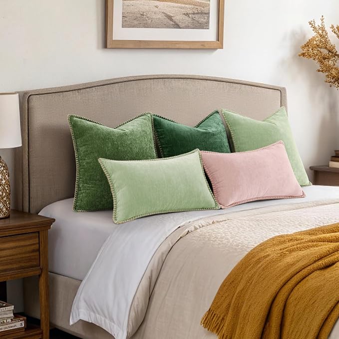 decorUhome Soft Chenille Throw Pillow Covers 24x24 Set of 2 Sage Green | Fall Textured Decorative Throw Pillow Cases Stitched Edge Modern Farmhouse Luxury Boho Velvet for Couch Sofa Bed Home Decor