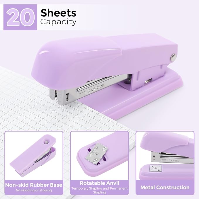 SKYDUE Purple Office Supplies Set, Purple Office Desk Accessories 10PCS, Pencil Holder for Desk, Stapler, Tape Dispenser, Scissors, Ruler, Binder/Paper Clips and 1000pcs Staples,Desk Supplies Set