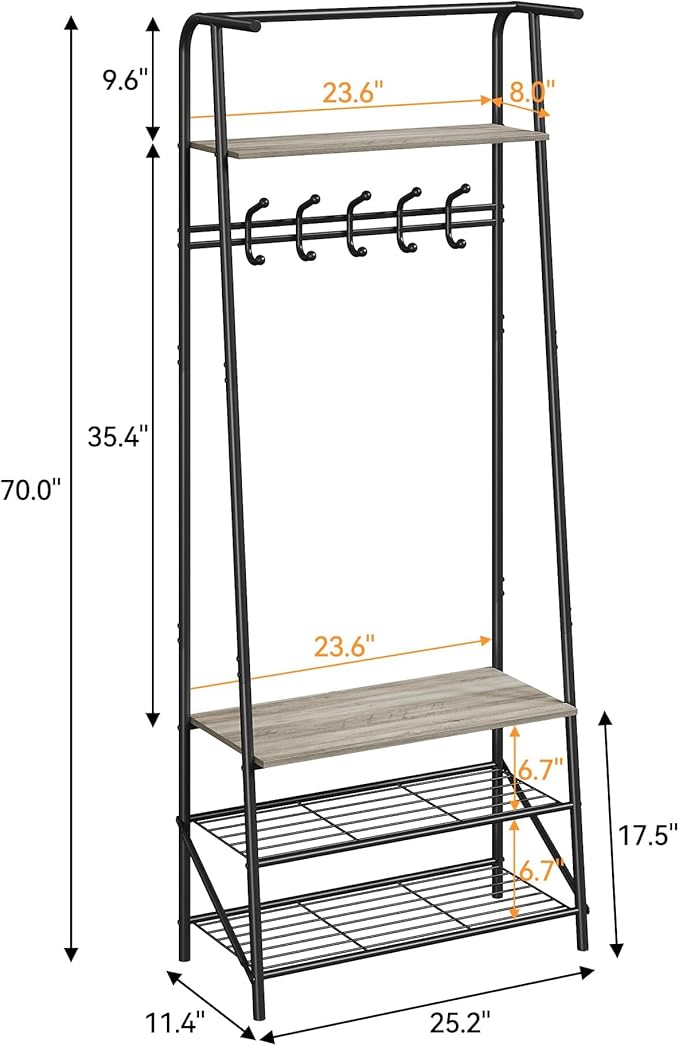 Jojoka 25" Coat Rack, Hall Tree with Shoe Bench and Storage, 4-Tier Shelf with 5 Hooks, Freestanding Metal Entryway Organizer for Hallway, Accent Furniture for Bathroom