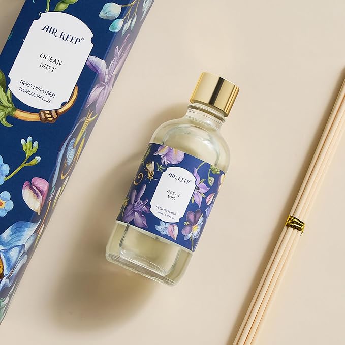 Airkeep Reed Diffuser Oil Set with Reed Sticks, Ocean Mist Aromatherapy Oil Scent Diffuser for Home Office Bathroom Decoration Perfume and Gifts 3.38 oz/100ml