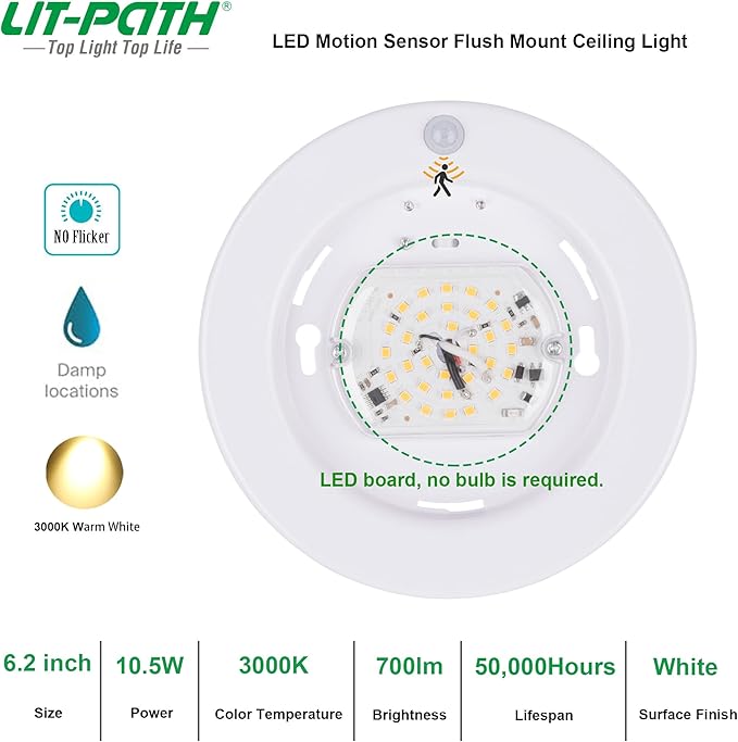 LIT-PaTH LED Flush Mount Ceiling Light, Closet Lighting Fixture with Motion Sensor, 10.5W, 700 Lumen, 6.2 Inch, Anti-Rust Galvanized Housing, White Finish 3000K 2-Pack