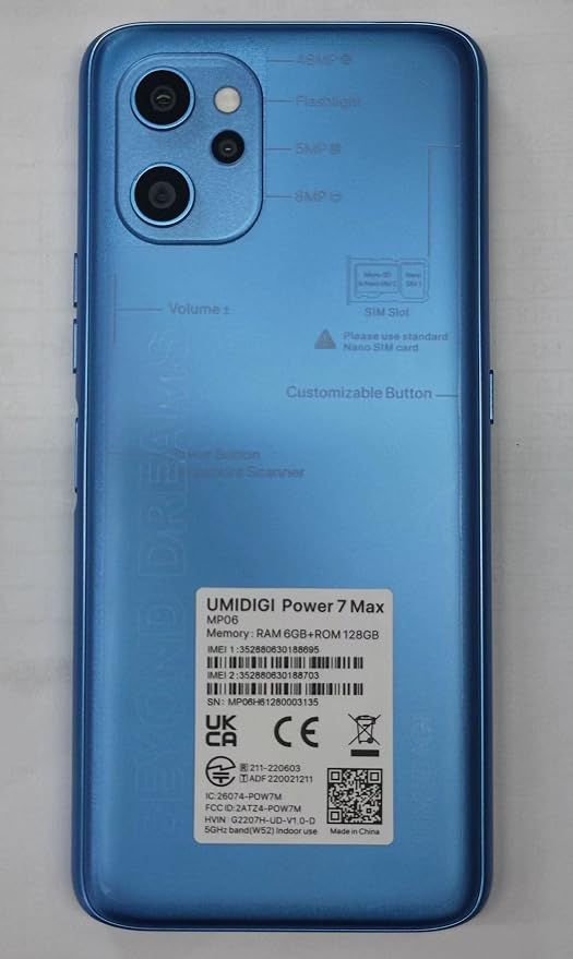 UMIDIGI Power 7 MAX Unlocked Cell Phone,6GB+128GB 10000mAh Battery,6.7" Full Screen + 48MP AI Triple Camera Android Smartphone,NFC,GPS,Face & Fingerprint,BLE 5.0, WiFi 2.4GHz/5GHz,Warranty,Blue