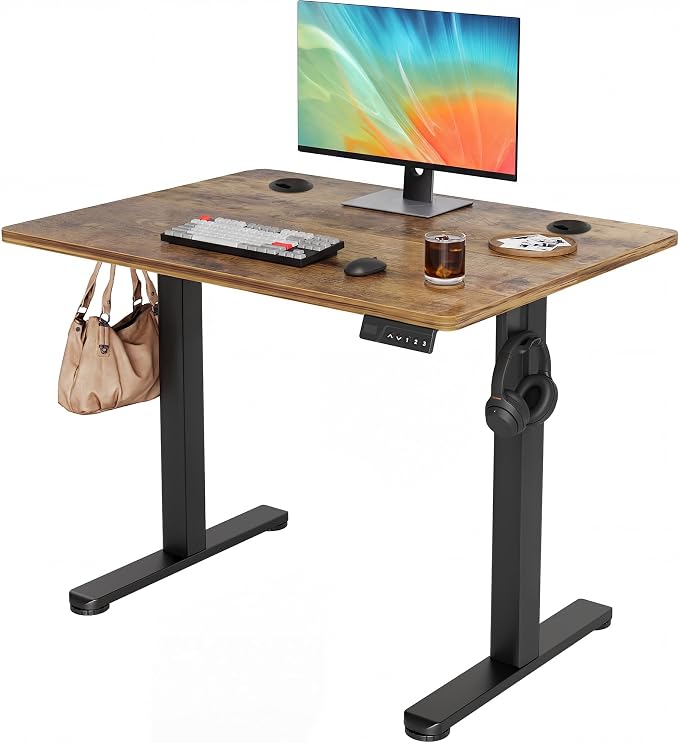 YDN 35 x 20 Inch Rustic Brown Electric Standing Desk | Adjustable Height, Sit Stand, Cable Management, Ergonomic, Home Office
