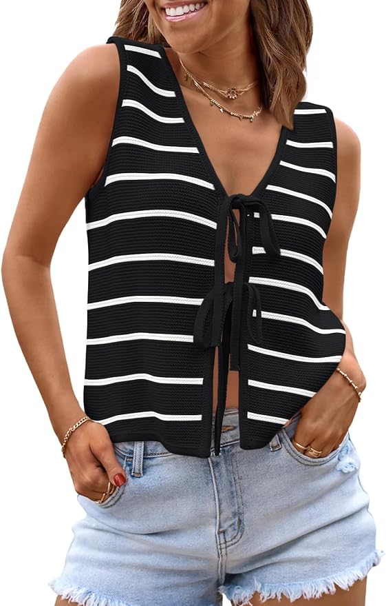 LILLUSORY Womens Tie Front Tops Vacation Sweater Vest | Bohemian Style, Beach Resort Wear, Concert Western Outfits, Crochet Tops, Vacation Outfits, Cute Y2k Sleeveless 2026