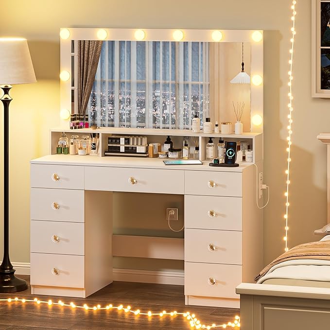 White Vanity with Lighted Mirror, Makeup Vanity Desk with Power Outlet, 9 Drawers & Shelf Storage, 43.3” Large Vanity Desk, Women Girls Vanity Dressing Table for Bedroom Bathroom