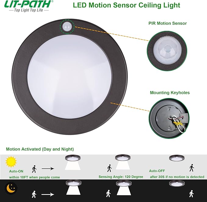 LIT-PaTH LED Flush Mount Ceiling Light, Closet Lighting Fixture with Motion Sensor, 10.5W, 700 Lumen, 6.2 Inch, Anti-Rust Galvanized Housing, Bronze Finish 5000K 1-Pack