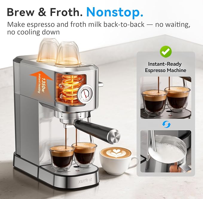 XIXUBX Espresso Machine with Milk Frother for Cappuccino & Latte for Home | 20-Bar Pump, Built-in Pressure Gauge, Powerful Steam Wand, Milk Frothing Pitcher, 42 oz Removable Water Tank, Stainless Steel