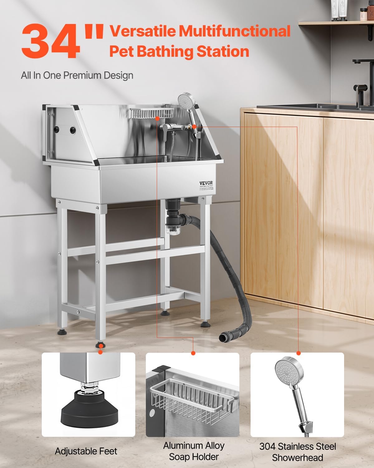 VEVOR Stainless Steel Dog Washing Station, 34 inch Pet Grooming Tub w/Faucet & Showerhead & Soap Holder & Play Balls Simple Dog Bathtub for Multiple Pets, Home Washing Sink
