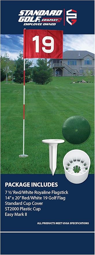 Standard Golf Regulation flagstick, cup & pin flag to use in your backyard or other open space for practice. Use the same products as used by golf courses all over the world and on tour.