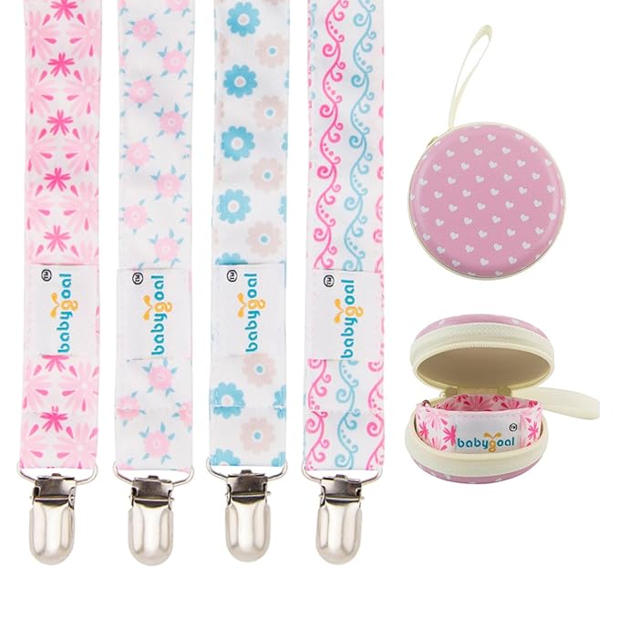 babygoal Baby Girl Pacifier Clips with Pacifier Case, 4 Pack Metal Clips for Boys and Girls Fits Most Pacifiers and Binkies 4MP04-HZ