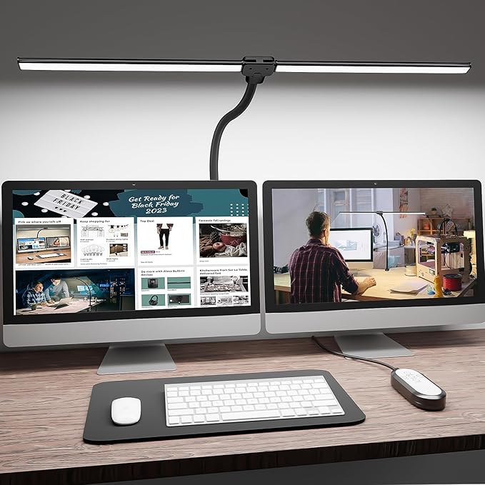 ShineTech LED Desk Lamp for Home Office, 5000K Bright Double Head Architect Task Lamps with Clamp, Dimmable Adjustable Flexible, Black
