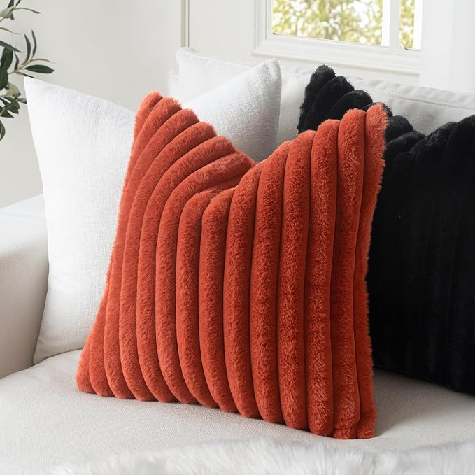 MIULEE Fall Faux Fur Lumbar Decorative Throw Pillow Covers 12x20 Rust | Set of 2, Vintage Boho Fall Modern Soft Plush Couch Pillows, Cozy Fluffy Cushion Covers for Sofa Bed Living Room Home Decor