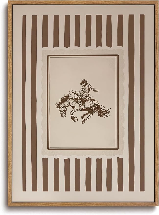 ZZLWBKGL Western Wall Decor Cowboy Canvas Art Vintage Framed Wall Art | Farmhouse Striped Painting Retro Nursery Artwork Mid Century Aesthetic for Living Room Bedroom 16x24in
