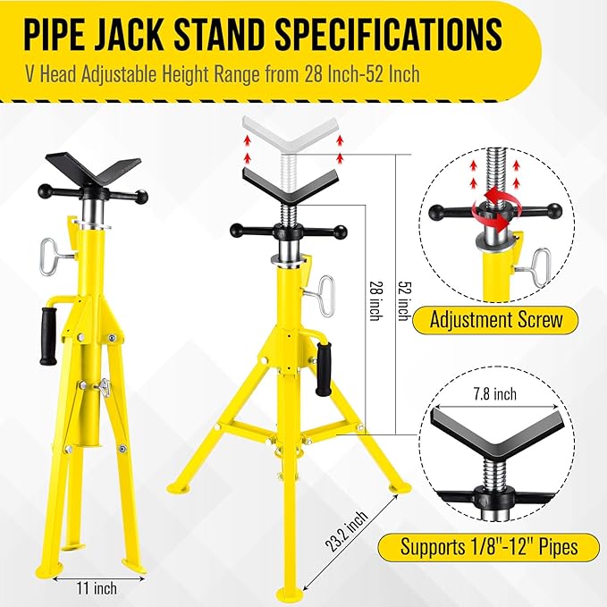 2PCS Pipe Jack Stand, Heavy Duty Pipe Stand, 2500LB Jack Stands Carbon Steel with Portable Folding Legs 28-52 Inch Height Adjustable 1/8"-12" Capacity